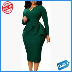 Long Sleeve Wrap Pencil Midi Dress Sheath Business Cocktail Party